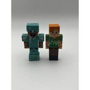 Minecraft Steve Diamond Armor & Alex Poseable Action Figures Mattel Toy Lot